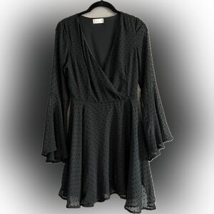Altar’d State Gigi Mini Lace Dress XS Black Bell Sleeves Embroidered Swiss Dots